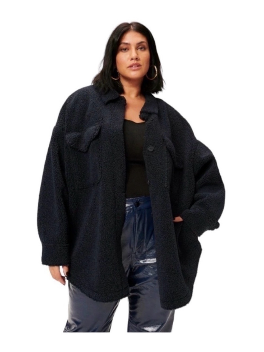 Good American Black Teddy Jacket - Oversized Sherpa Shacket fits like XL